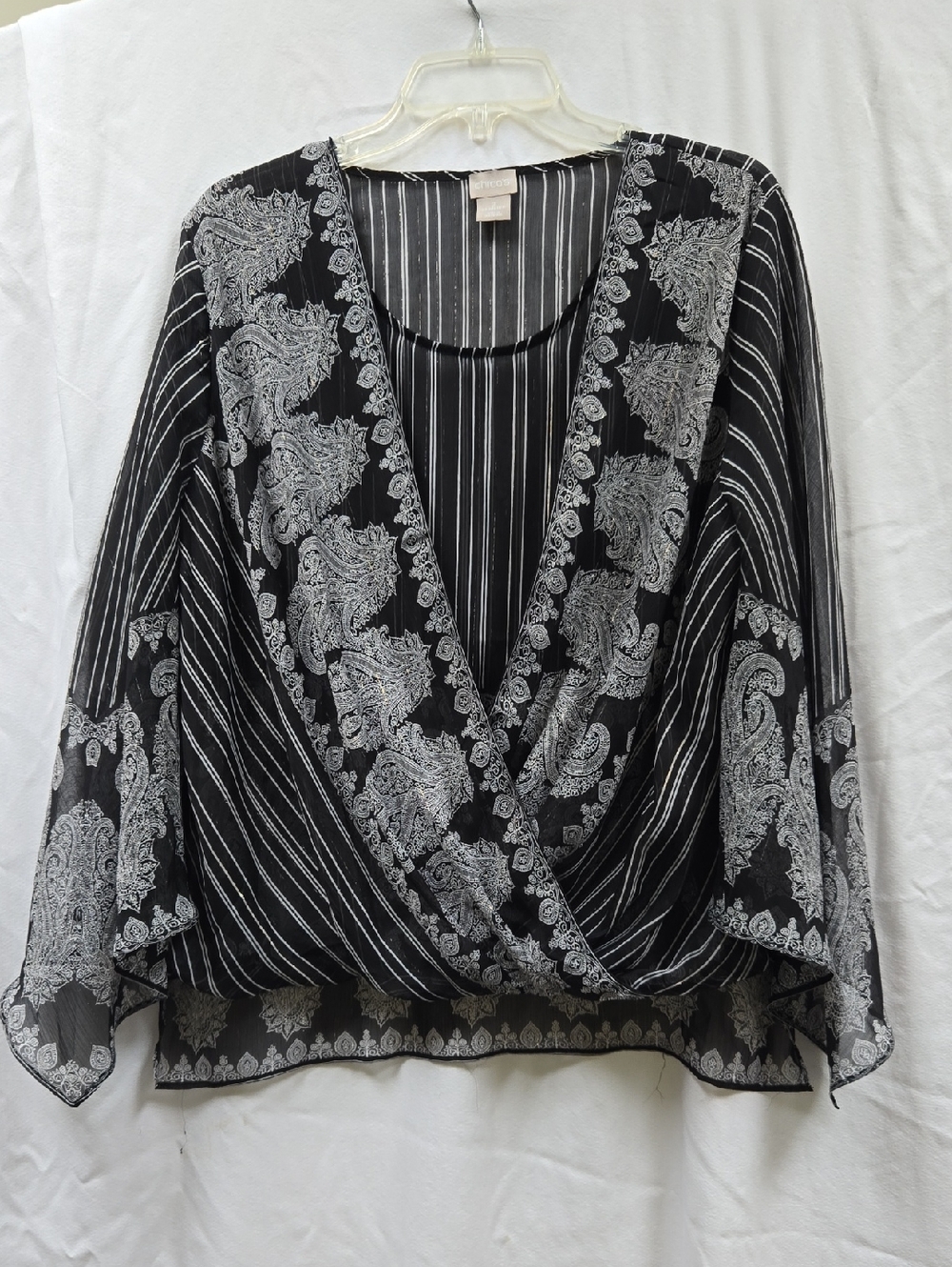 Chico's Black and White Striped Blouse with Metallic Accents